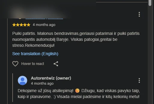 Google atsiliepimas apie Autorentwiz pagalbą nuomojantis automobilį Baryje, kliento tapatybė paslėpta