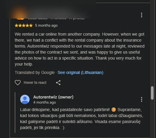 Google review from an Autorentwiz customer describing help with a rental insurance dispute, reviewer identity blurred