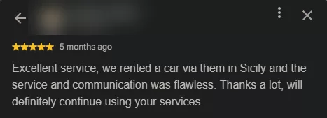 Autorentwiz Google review about renting a car in Sicily, reviewer identity hidden
