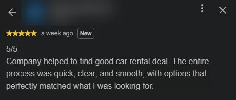 Autorentwiz Google review about a quick, clear and smooth car rental booking, reviewer identity hidden