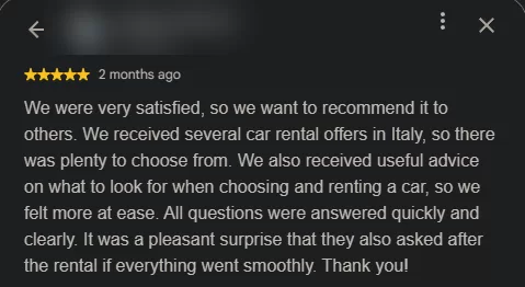 Autorentwiz Google review about receiving several car rental offers in Italy, reviewer identity hidden