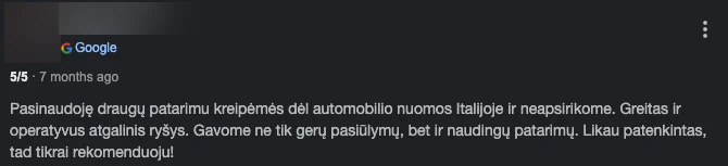 Autorentwiz customer Google review recommending the car rental service in Italy, reviewer identity hidden
