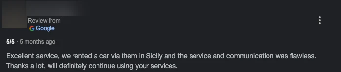 Autorentwiz customer Google review about a flawless car rental in Sicily, reviewer identity hidden