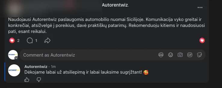 Facebook review from an Autorentwiz customer about a car rental consultation in Sicily, reviewer identity hidden