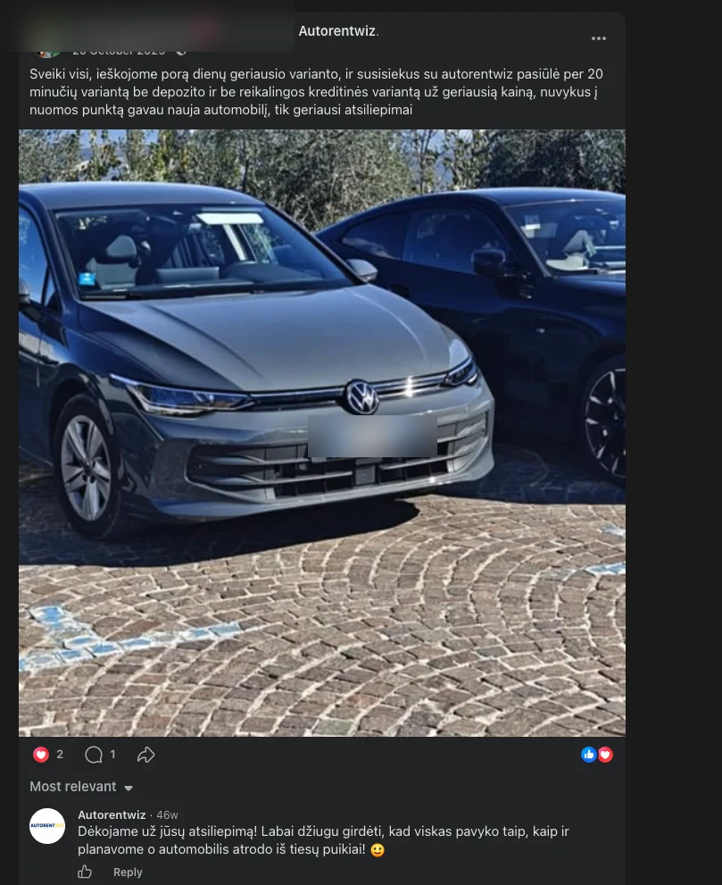 Facebook review from an Autorentwiz customer who got a no-deposit rental with no credit card and a brand new car at pick-up, identity and plate hidden