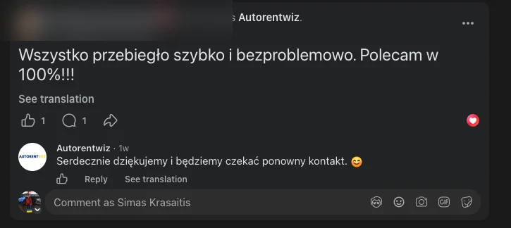 Facebook review from an Autorentwiz customer describing a quick and problem-free car rental, reviewer identity hidden