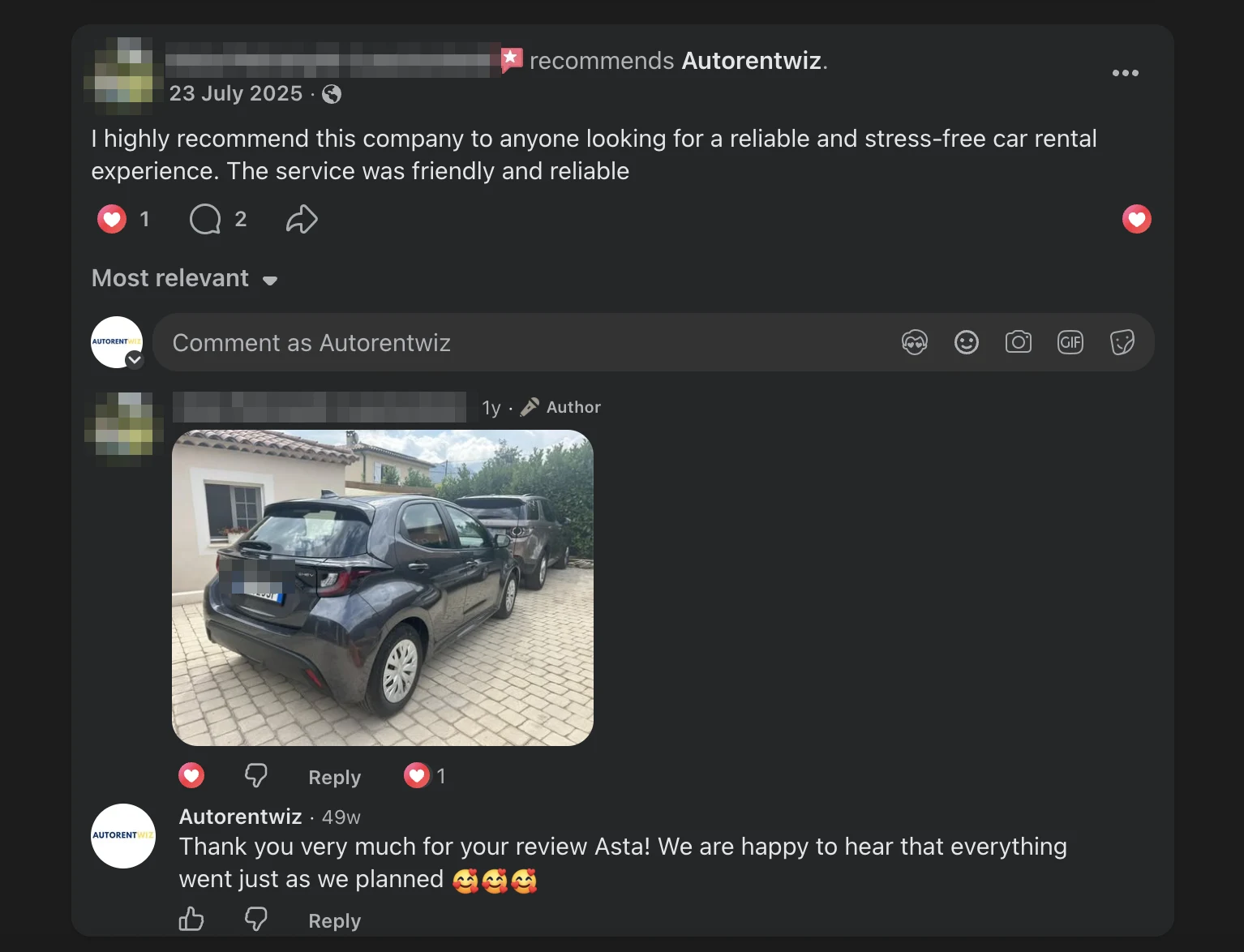Autorentwiz customer review about a reliable and stress-free car rental, reviewer identity hidden