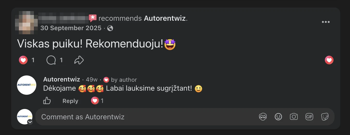 Autorentwiz customer review recommending the service, reviewer identity hidden