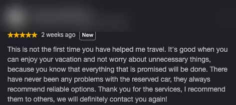 Google review from a returning Autorentwiz customer describing worry-free trips and reliable recommendations, identity hidden