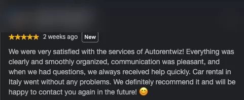 Google review praising smooth organisation and fast communication for car rental in Italy via Autorentwiz, identity hidden