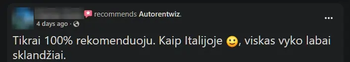 Autorentwiz customer Facebook review recommending the service, the car rental in Italy went very smoothly, identity hidden