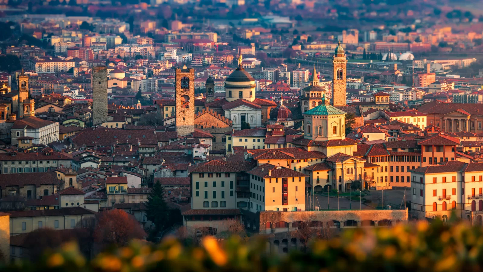 The towers and domes of Bergamo's Città Alta, about 48 minutes by car from Milan Linate Airport