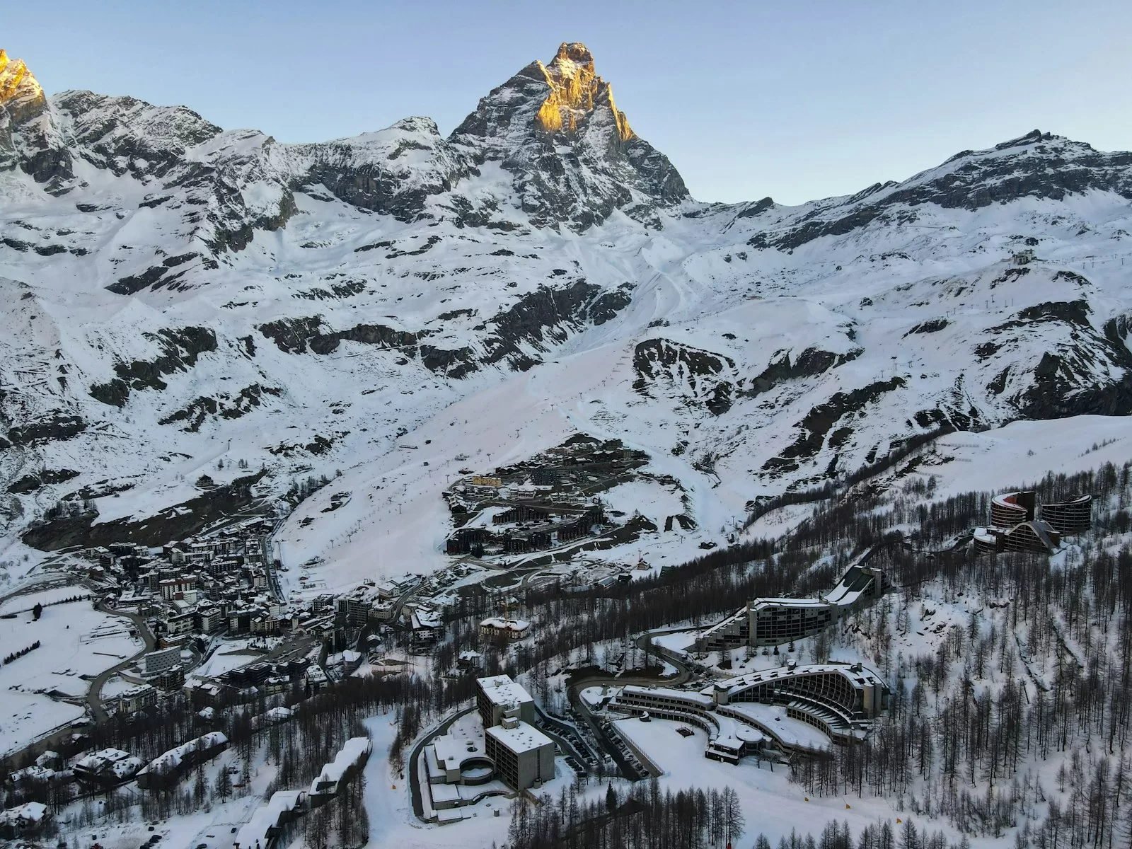 The ski resort of Breuil-Cervinia in the Aosta Valley under snow, with the Matterhorn behind
