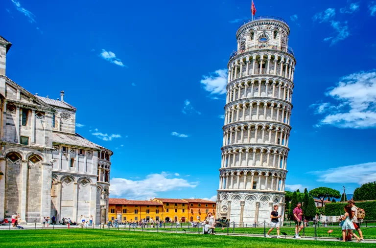 The Leaning Tower and the Cathedral on Piazza dei Miracoli in Pisa, a short drive from Pisa Airport