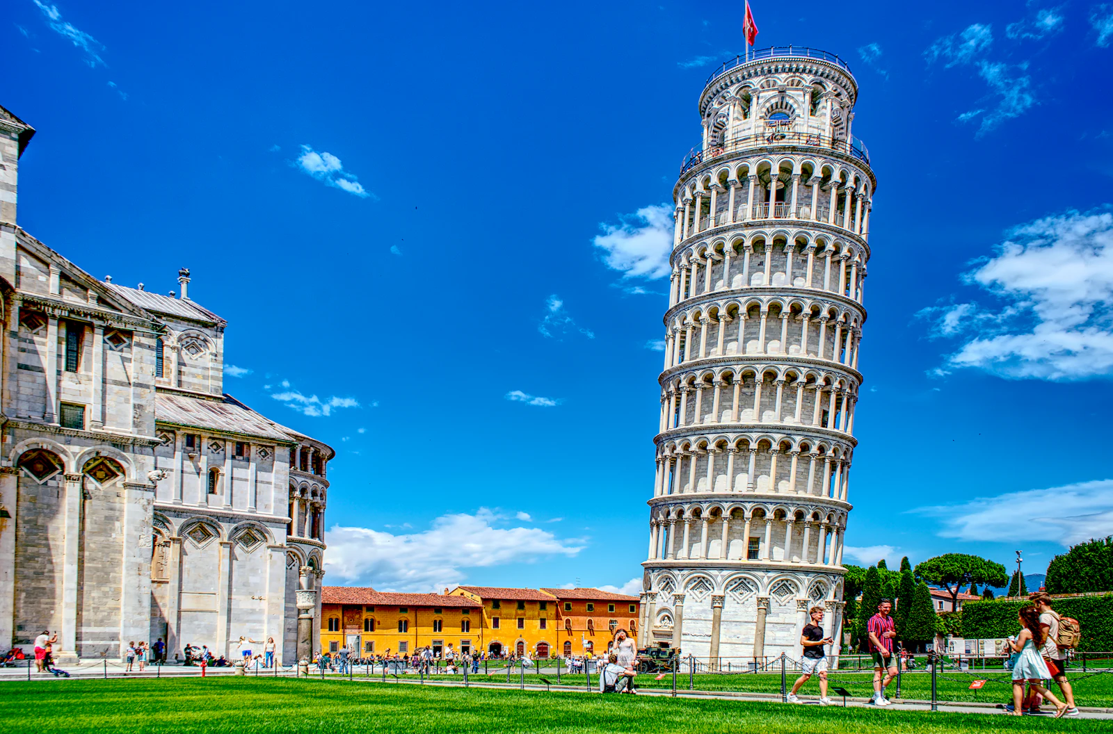 The Leaning Tower and the Cathedral on Piazza dei Miracoli in Pisa, a short drive from Pisa Airport