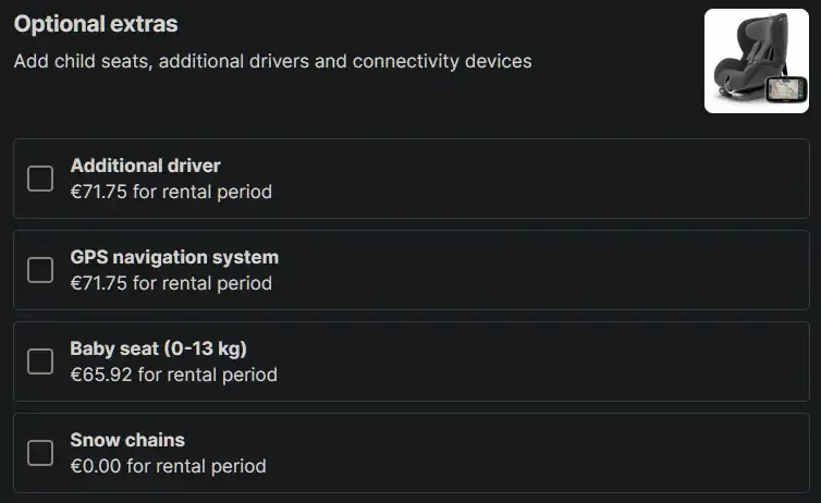 Optional extras of a rental offer at Verona Airport for December 2026, with snow chains at 0.00 EUR for the rental period